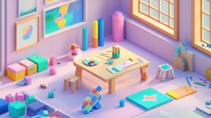 Colorful 3D Rendered Room with Art Supplies and Geometric Objects