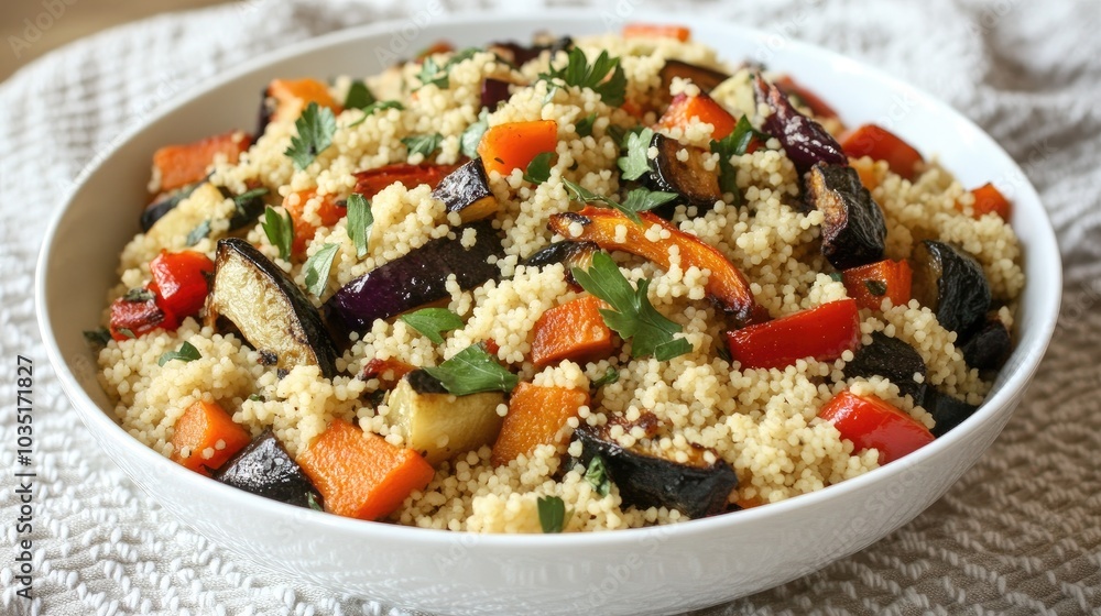 Sticker Colorful Vegetable Couscous Salad in White Bowl