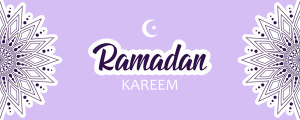 Text Ramadan Kareem, crescent and star on pastel purple background with abstract floral mandala decorations. Elegant festive design for greeting card, banner or poster for Ramadan.