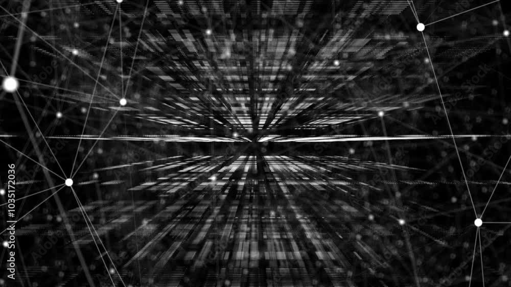 Poster white and black color web like structure mesh pattern in cyberspace plexus design futuristic technology background