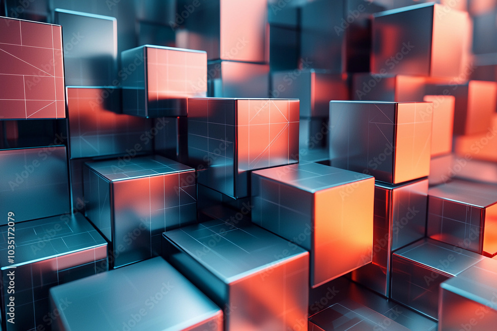 Poster vivid geometric cubes in a dynamic arrangement with reflections