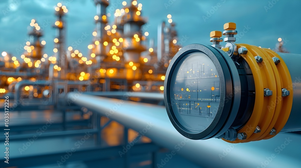 Poster Close up view of an intricate industrial system with various pipes valves and other metal components that are part of the complex machinery and infrastructure of an oil refinery