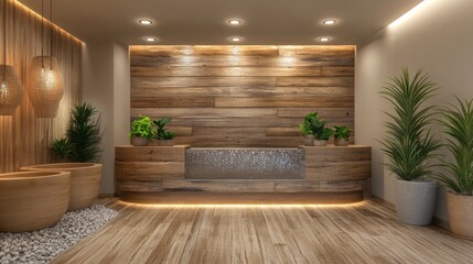 Modern Wooden Reception Area with Plants and Decorative Lighting