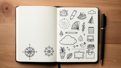 Notebook with black ink doodles: house, coffee cup, cloud, pencil, leaf, tablet, snowflake, and arrows. Pens lie beside it on the wooden surface.