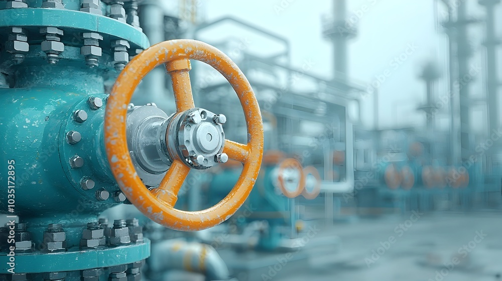 Poster closeup view of a metal refinery valve actively processing and controlling the flow of fuel under hi