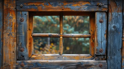 A rustic wooden window frame reveals a soft-focus view of a vibrant autumn landscape, with warm colors and natural beauty outside, inviting a sense of tranquility