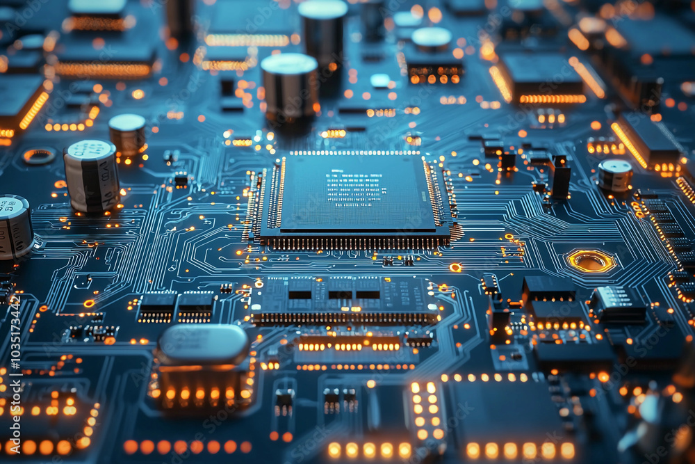 Poster close-up view of an intricate circuit board with glowing components
