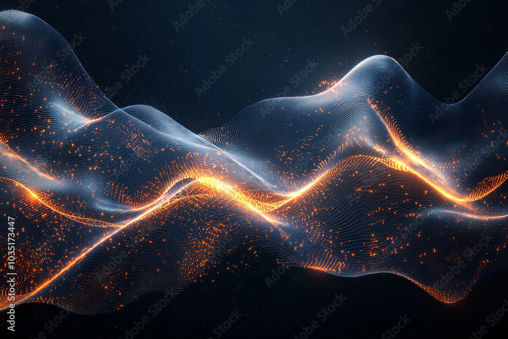 Poster dynamic abstract waveforms with glowing lines and particles at night