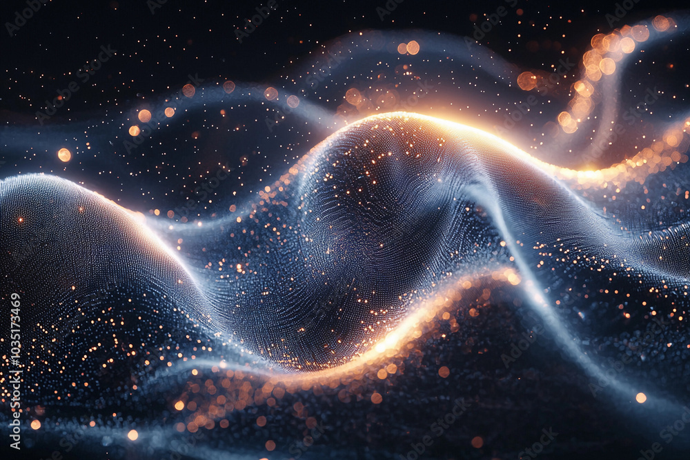 Poster Abstract wave patterns with glowing particles in a dark setting