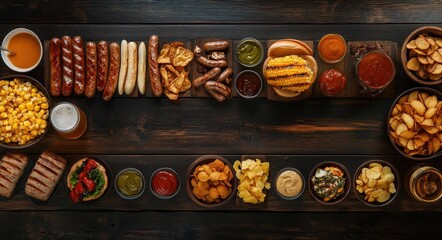 Octoberfest Food Frame Concept. Variety of Beers, Grilled Sausages, Burgers, Corn, Fried Potatoes, Chips, and More on Dark Wooden Background