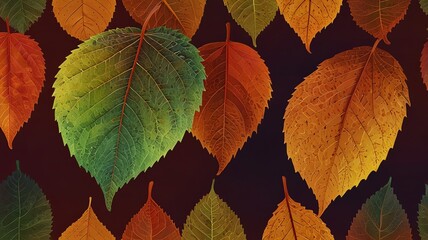 a series of autumn leaves with the green and red leaves on the right.