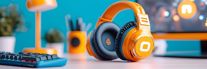 Cutting Edge Gaming Setup with Video Game Controller and Wireless Headphones Placed on a Sleek Workspace Desk Showcasing the Latest in Digital Entertainment Technology and Immersive Gaming Experience