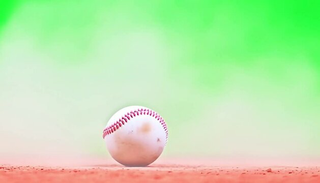 A white baseball falls on the dusty ground on a green background