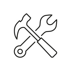 Hammer and Wrench Line Icon for Construction and Repair Services. Repair and Maintenance Tool Outline Symbol. Technical Support Sign. Editable Stroke. Isolated Vector Illustration