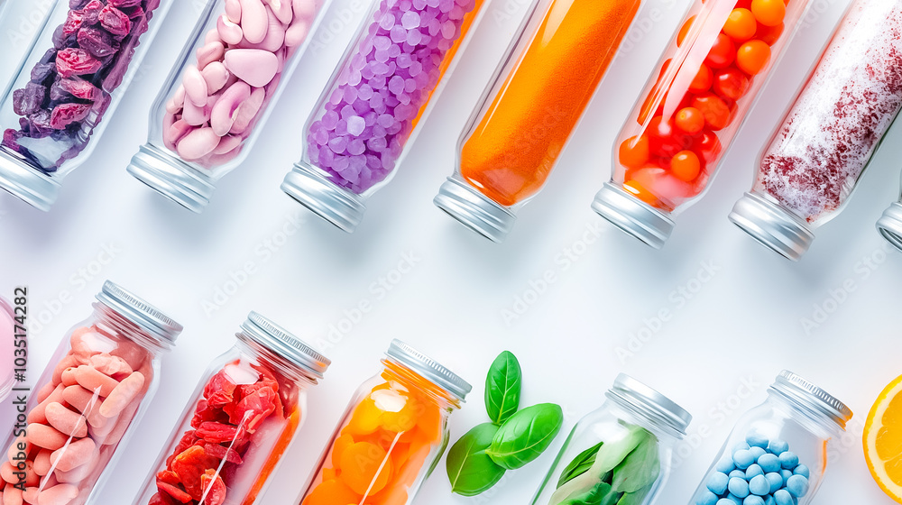 Poster a vibrant collection of candies fills clear glass jars, featuring an array of textures and colors th