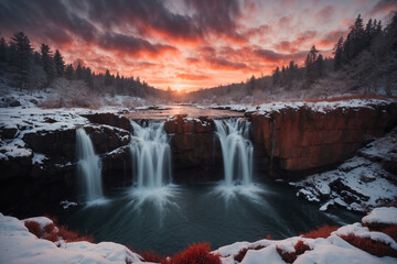 Fototapeta premium Waterfall in winter as the sky turns red at sunset