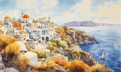 Naklejka premium Watercolor View of Oia town and aegean sea in Santorini island in Greece. Cyclades islands, Santorini Greek landscape