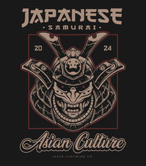 Obraz premium Vintage clothing design with Japanese samurai mask theme in black background