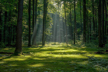 Obraz premium Sunlight beams filtering through trees in a serene forest landscape