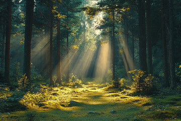 Obraz premium Sunlight streaming through trees in a tranquil forest at dawn