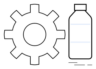 An outline of a gear and a plastic bottle in black and blue. Ideal for themes related to technology, recycling, mechanics, manufacturing, and sustainability. Minimalist, clean, modern style