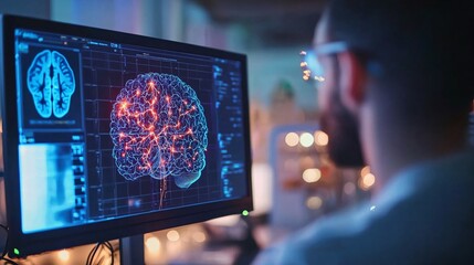 Close-up of scientist analyzing brain scan images on monitor, detailed neural pathways symbolize dementia research in medical lab setting.