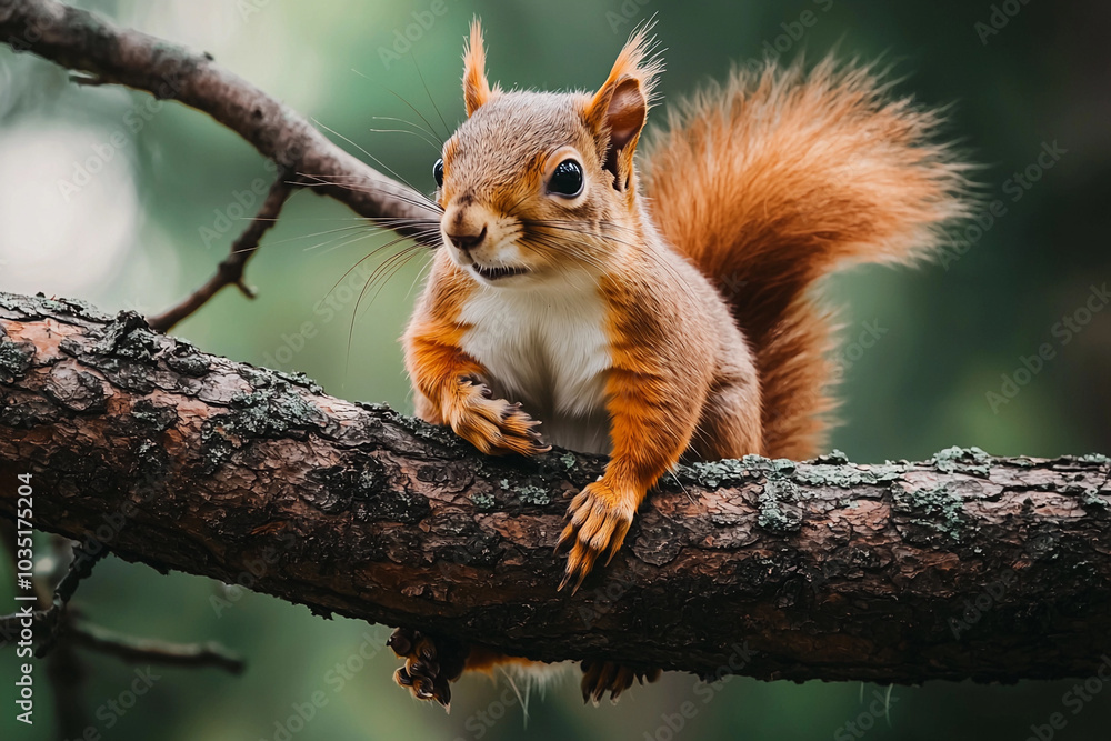 Poster squirrel perched on a branch with vibrant fur in a forest setting