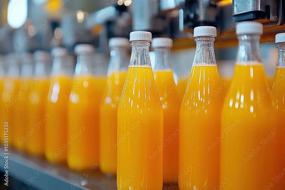 Wall mural orange juice bottling factory: industrial plant for filling and packaging juice