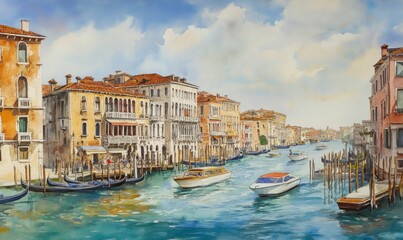 Obraz premium Watercolor Beautiful view of the Grand Canal with boats and colorful facades of old medieval houses from the Rialto Bridge in Venice, Italy. Venice is a popular