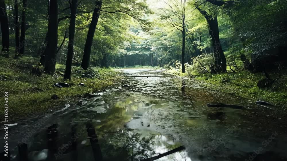Poster a small stream flows through a lush forest, the light filtering through the trees creates a mystical