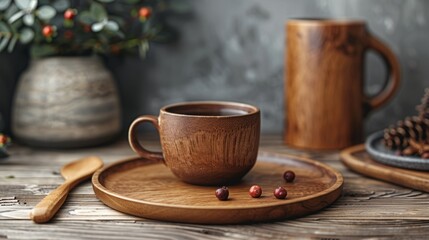 A rustic wooden table showcases a beautiful arrangement of handcrafted mugs, surrounded by pinecones and berries, creating a warm and inviting atmosphere