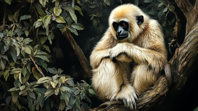 A gibbon sits on a tree branch, its arms crossed and its head tilted down