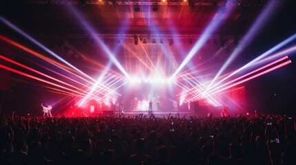 An energetic concert scene with vivid red and blue lights, capturing the electric atmosphere and vibrant crowd.