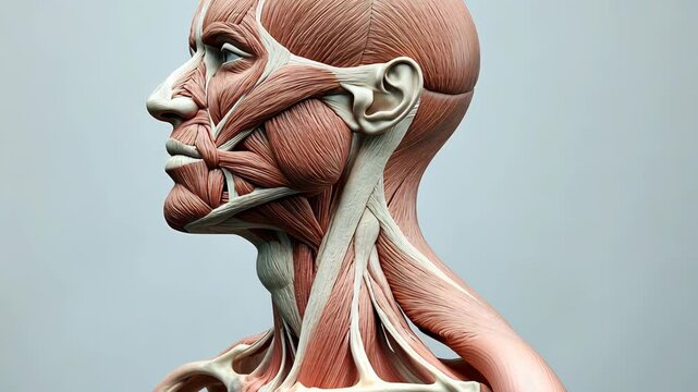 A close-up view of a human head, showcasing the complex network of muscles in the face and neck