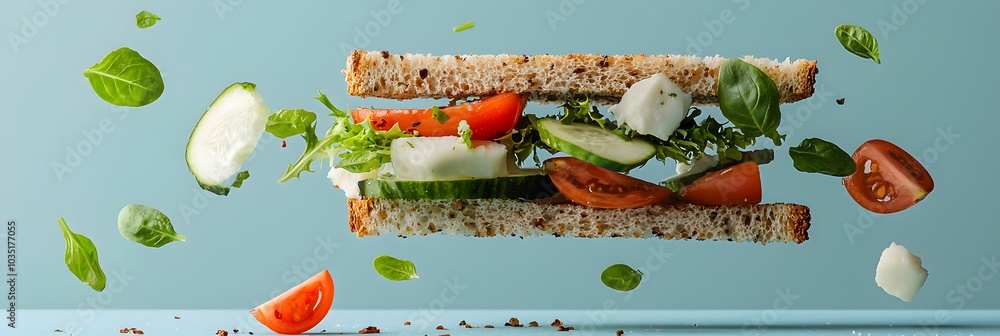 Wall mural floating levitating ingredients of a deconstructed sandwich creating a surreal conceptual and visual