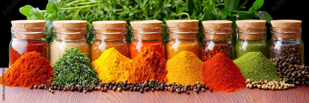Poster fresh herbs and spices spilling from jars creating an aromatic palette for culinary masterpieces fla