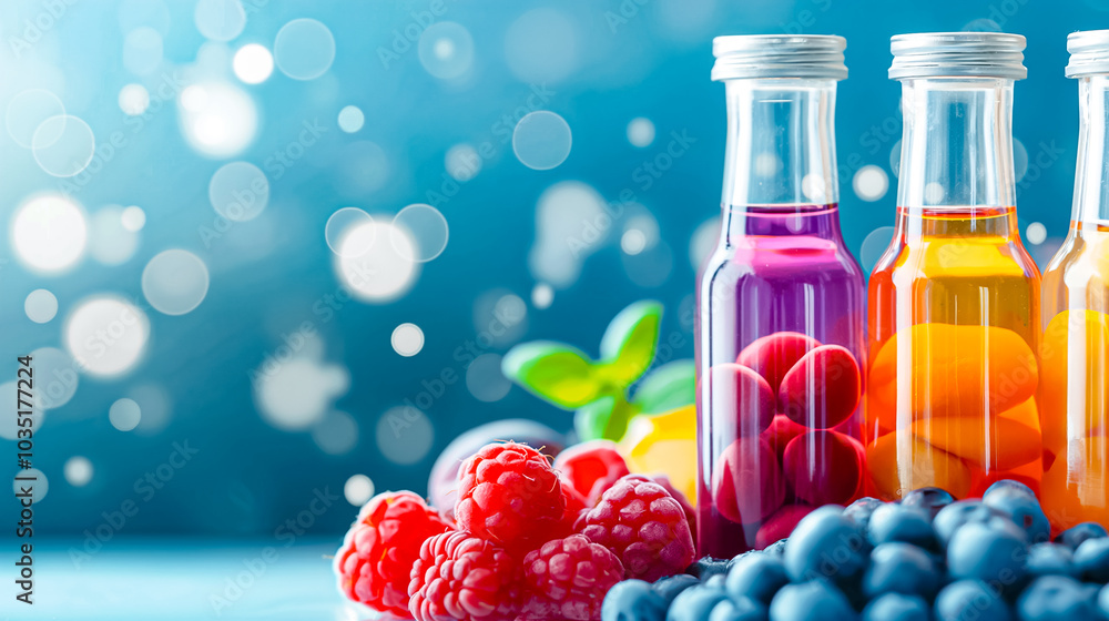 Poster brightly colored bottles of fruit-flavored drinks are arranged with an assortment of fresh raspberri