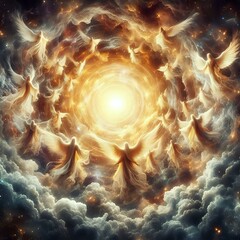Celestial Assembly of Radiant Angels in a Cosmic Realm