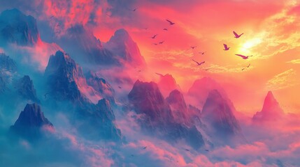Dreamlike Abstract Landscape with Birds in Vivid Colors
