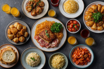 Flat lay various kinds of French dishes on the table