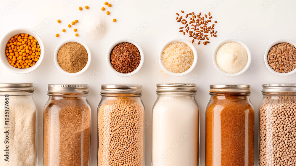 Poster a well-organized display features an array of spices, seeds, and flour stored in glass jars and smal