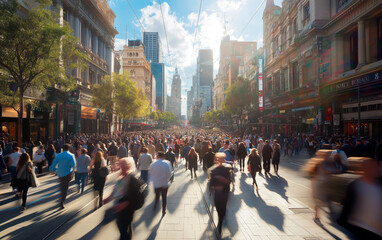 Obraz premium Busy street scene with groups of people walking across a crowded intersection. Fast moving crowd of people with long exposure.