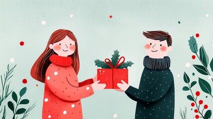 A cheerful illustration of a man and woman exchanging a gift during winter, surrounded by falling snow and festive decorations.