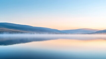 Naklejka premium Tranquil Lake at Sunrise with Soft Misty Landscape