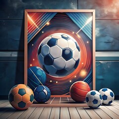a poster with a soccer ball and balls in the background