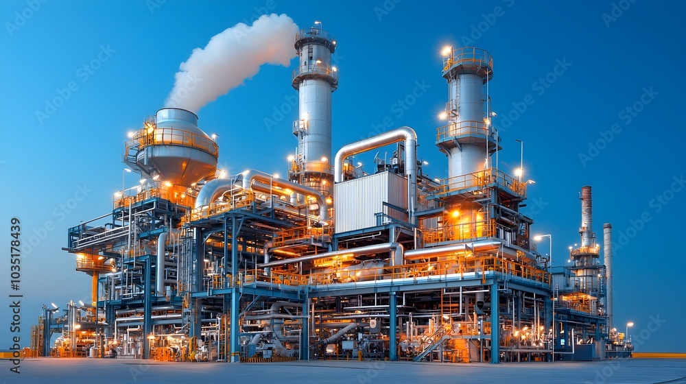 Poster impressive nighttime scene of a bustling refinery facility with bright lights complex structures and