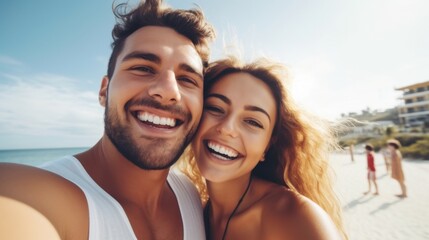 Fototapeta premium A young couple takes a joyful selfie on a sunlit beach, capturing their vibrant happiness and seaside adventure.
