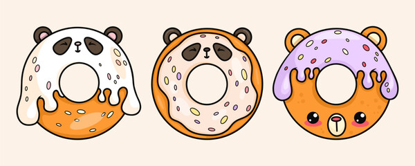 Cute donuts cartoon kawaii character collection. Funny animal bear and panda with drops icing. isolated sweet food. Vector illustration. Kids collection © Ludmila