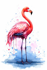 A pink flamingo stands in front of a splash of blue and pink paint