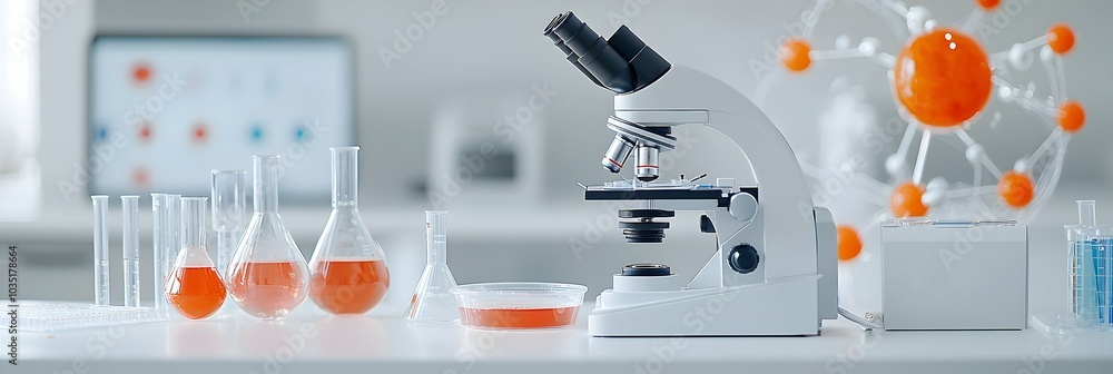 Poster Laboratory setup with microscope and petri dishes arranged on a lab workbench showcasing the tools and equipment used for scientific research analysis